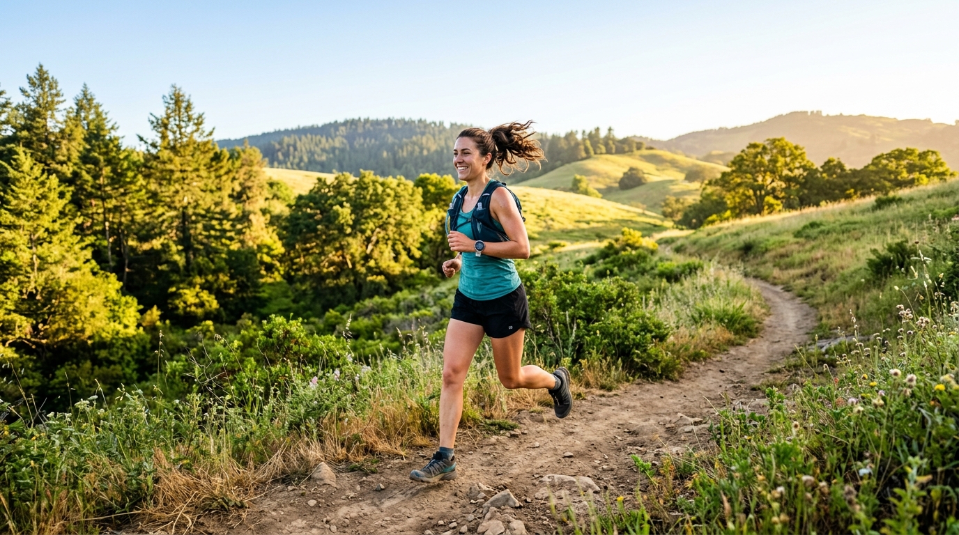 Aktívna žena behá v prírode za slnečného rána